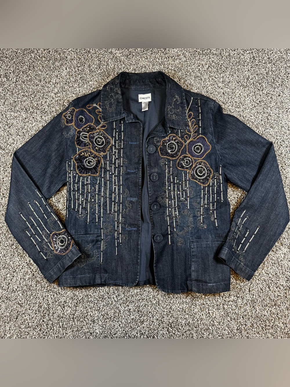 Chicos Beaded Floral Denim Jacket Womens Sz 1 US 8-10 (M) Blue Sequin Jean Shirt